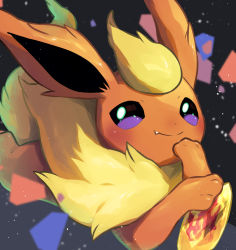 Rule 34 | blurry, blush, closed mouth, commentary request, creatures (company), evolutionary stone, fang, fire stone, flareon, game freak, gen 1 pokemon, highres, looking at viewer, nintendo, no humans, nullma, pokemon, pokemon (creature), purple eyes, smile, solo, toes, yellow fur