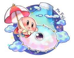 Rule 34 | :d, blush, brown eyes, cloud, commentary request, copy ability, head scarf, holding, holding umbrella, kawao9, kirby, kirby (series), kracko, looking at viewer, mount fuji, mountain, nintendo, no humans, one-eyed, open mouth, outline, parasol, parasol kirby, simple background, smile, spikes, star (symbol), umbrella, white background, white headwear, white outline