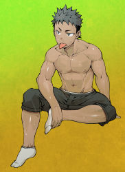 Rule 34 | 1boy, male focus, naop, original, topless male, socks, solo, sweat, tongue, tongue out, wet
