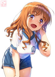 Rule 34 | 1girl, :d, bad id, bad pixiv id, blouse, blue shorts, brown hair, character name, cowboy shot, girls und panzer, gym uniform, hand in own hair, highres, long hair, looking at viewer, open mouth, pairan, print shirt, shirt, short shorts, short sleeves, shorts, simple background, sitting, smile, solo, takebe saori, white background, white shirt