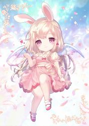 Rule 34 | 1girl, absurdres, angel, angel wings, animal ears, bobby socks, bow, breasts, closed mouth, collared shirt, commentary, commission, danby merong, dress, feathered wings, feathers, heart, highres, light brown hair, long hair, mary janes, original, pink bow, pink dress, pink footwear, puffy short sleeves, puffy sleeves, purple eyes, rabbit ears, shirt, shoes, short sleeves, signature, small breasts, smile, socks, solo, striped, striped bow, twitter username, very long hair, white bow, white shirt, white socks, white wings, wings