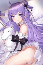 Rule 34 | 1girl, absurdres, ahoge, ass, ayu (ayuyu0924), azur lane, bare shoulders, black ribbon, blush, collar, commentary request, hair bun, hair ribbon, highres, holding, holding stuffed toy, long hair, looking at viewer, purple eyes, purple hair, purple ribbon, ribbon, single hair bun, solo, stuffed animal, stuffed toy, stuffed unicorn, thighs, unicorn (a dream of pure vows) (azur lane), unicorn (azur lane)