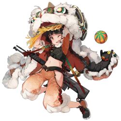 Rule 34 | 1girl, arms up, ball, bell, black footwear, black hair, black vest, braid, brown eyes, bullpup, cat, chinese clothes, colored shoe soles, dragon dance, full body, fur-trimmed pants, fur-trimmed sleeves, fur trim, girls&#039; frontline, gun, gun on back, highres, imoko (imonatsuki), jingle bell, long hair, looking at viewer, midriff, navel, official alternate costume, official art, one eye closed, open mouth, orange footwear, orange pants, orange shirt, pants, qbu-88, qbu-88 (dance of the trumpet vine) (girls&#039; frontline), qbu-88 (girls&#039; frontline), rifle, scope, shirt, simple background, slit pupils, sniper rifle, solo, teeth, transparent background, two-tone footwear, vest, weapon, weapon on back