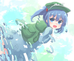 Rule 34 | 1girl, backpack, bag, blue dress, blue eyes, blue hair, cabbie hat, commentary request, dress, dutch angle, flat cap, green bag, hair bobbles, hair ornament, hat, kappa, kawashiro nitori, kibisake, long sleeves, looking at viewer, medium hair, open mouth, pocket, short twintails, sidelocks, touhou, twintails, two side up