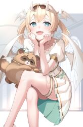 Rule 34 | 1girl, aqua eyes, blonde hair, blush, chain, choker, collarbone, commentary request, crossed legs, demon girl, fang, gold chain, hair wings, head on hand, highres, hololive, holox, jewelry, kazama iroha, legband, looking at viewer, necklace, open mouth, pleated skirt, pokobee, puffy sleeves, sable mint, shirt, short sleeves, skin fang, skirt, smile, solo, studded choker, virtual youtuber, white background, white footwear, white shirt
