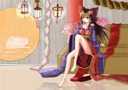 Rule 34 | 1girl, absurdres, bare legs, bare shoulders, barefoot, bow, breasts, brown hair, cleavage, flower, flower on head, hair bow, hair flower, hair ornament, hair tubes, hakurei reimu, highres, japanese clothes, kimono, lamp, large breasts, leg up, long hair, long legs, lotus, obi, off shoulder, open hand, red eyes, rope, sash, shimenawa, sitting, solo, touhou, yin yang, yue ling yu