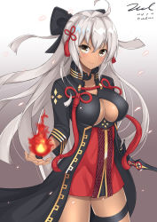 Rule 34 | 1girl, ahoge, black bow, blush, bow, breasts, cleavage, closed mouth, cowboy shot, dark-skinned female, dark skin, dated, fate (series), fire, floating hair, gradient background, hair between eyes, hair bow, hair ornament, high collar, holding, holding sword, holding weapon, large breasts, long hair, looking at viewer, okita souji (fate), okita souji alter (fate), sidelocks, signature, simple background, smile, solo, sword, tassel, thigh strap, thighhighs, thighs, twitter username, unel, very long hair, weapon, white hair, yellow eyes