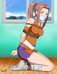Rule 34 | absurdres, arms behind back, bdsm, bondage, bound, bound ankles, bound arms, bound wrists, breasts, brown eyes, brown hair, cloth gag, digimon, digimon adventure tri., gag, gagged, highres, improvised gag, legs, looking at viewer, medium breasts, over the nose gag, shadow xcp, tachikawa mimi, thighs