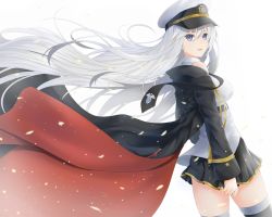 Rule 34 | 1girl, arms at sides, azur lane, bare shoulders, black necktie, blush, breasts, cuff links, enterprise (azur lane), floating hair, from side, hair between eyes, hajika, hat, large breasts, light particles, long hair, looking at viewer, military hat, miniskirt, necktie, open mouth, peaked cap, purple eyes, shirt, sidelocks, silver hair, skindentation, skirt, sleeveless, sleeveless shirt, smile, solo, thighhighs, thighs, very long hair, white background, white hat, wind, wind lift