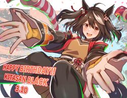 Rule 34 | 1girl, absurdres, ahoge, animal ears, black hair, black thighhighs, breasts, dated, hair between eyes, hair ornament, happy birthday, highres, horse ears, horse girl, horse tail, kitasan black (umamusume), knees together feet apart, long sleeves, looking at viewer, medium breasts, multicolored hair, open mouth, orange eyes, outstretched arms, reon (dainagon azuki), ribbon, short hair, solo, spread arms, streaked hair, tail, thighhighs, umamusume, white hair, white ribbon, wide sleeves