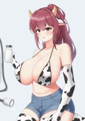 Rule 34 | 1girl, absurdres, animal ears, animal print, areola slip, bikini, bikini top only, bottle, breasts, breath, brown eyes, brown hair, collarbone, covered erect nipples, cow ears, cow girl, cow horns, cow print, cow print bikini, curvy, denim, denim shorts, elbow gloves, gloves, highres, holding, holding bottle, horns, huge breasts, kneeling, large breasts, long hair, looking at viewer, milk, milk bottle, milking machine, mole, mole on breast, navel, neoru (cvfw7854), open mouth, original, ponytail, print bikini, shorts, simple background, solo, strap gap, suction cups, sweat, swimsuit, thighhighs