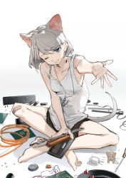 Rule 34 | 1girl, almond (arknights), alternate costume, animal ears, arknights, barefoot, black shorts, blue eyes, breasts, dog ears, dog girl, dog tail, full body, grey hair, grin, hair ornament, hairclip, heart, highres, holding, holding wrench, indian style, looking at viewer, material growth, oripathy lesion (arknights), outstretched hand, screwdriver, shirt, short hair, shorts, simple background, sitting, small breasts, smile, solo, tail, tank top, whistle, white background, white shirt, wire, wrench, zhili xingzou