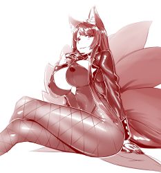 Rule 34 | 1girl, absurdres, akagi (azur lane), animal ear fluff, animal ears, azur lane, breasts, cleavage, covered erect nipples, fishnet pantyhose, fishnets, fox ears, fox tail, gloves, hiememiko, highres, jacket, large breasts, multiple tails, pantyhose, rabbit girl, solo, tail, thighs, white background