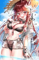 Rule 34 | 1girl, absurdres, arknights, bikini, black bikini, braid, breasts, brown hat, demon girl, demon horns, demon tail, hat, highres, horns, large breasts, light blush, long hair, looking at viewer, navel, official alternate costume, open mouth, pointy ears, red eyes, red hair, smile, solo, stomach, straw hat, swimsuit, tail, tekona0, twin braids, very long hair, vigna (arknights), vigna (casual vacation) (arknights), water