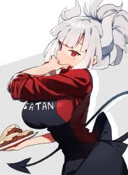 Rule 34 | 1girl, apron, bad id, bad pixiv id, black apron, blunt bangs, blush, breasts, clothes writing, commentary request, demon horns, demon tail, food, food on face, head tilt, helltaker, high ponytail, highres, holding, holding plate, horns, large breasts, long sleeves, looking at viewer, lucifer (helltaker), mole, mole under eye, partial commentary, plate, red eyes, red shirt, shirt, short hair, sidelocks, silver hair, solo, suminagashi, tail, upper body, white background