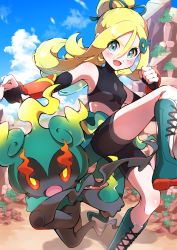 Rule 34 | 1girl, :d, absurdres, bare shoulders, bike shorts, black gloves, blonde hair, blue eyes, blush, boots, clenched hand, cloud, commentary request, covered collarbone, creatures (company), crop top, cross-laced footwear, day, fingerless gloves, game freak, gen 7 pokemon, gloves, green footwear, green ribbon, hair between eyes, hair ornament, hair ribbon, highres, imminent kick, knee boots, korrina (pokemon), korrina (sygna suit) (pokemon), legendary pokemon, long hair, looking at viewer, marshadow, mythical pokemon, nintendo, official alternate costume, open mouth, outdoors, parted bangs, pokemon, pokemon (creature), pokemon masters ex, pon yui, ponytail, ribbon, sidelocks, sky, smile, sports bra, standing, standing on one leg, thighs, turtleneck