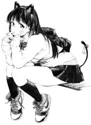 Rule 34 | 1girl, absurdres, animal ears, ass, blush, breasts, cat ears, cat tail, gagaimo, graphite (medium), greyscale, hair ornament, highres, long hair, monochrome, original, school uniform, serafuku, shoes, skirt, sneakers, socks, solo, tail, thighs, traditional media, twintails