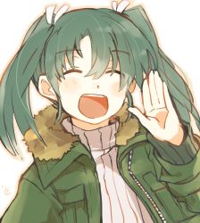 Rule 34 | 1girl, blush, casual, coat, closed eyes, green hair, hair between eyes, hand up, ina (1813576), kantai collection, ribbed sweater, sketch, smile, solo, sweater, twintails, upper body, zuikaku (kancolle)