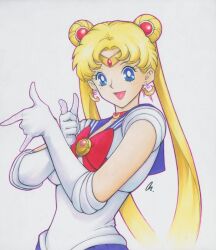 Rule 34 | 1girl, andy seto, bishoujo senshi sailor moon, bishoujo senshi sailor moon (first season), blonde hair, blue eyes, bow, breasts, chinese commentary, choker, circlet, commentary, commentary request, crescent, crescent earrings, double bun, earrings, elbow gloves, english commentary, gloves, hair bun, highres, jewelry, marker (medium), medium breasts, mixed-language commentary, open mouth, pleated skirt, red bow, red choker, sailor moon, signature, skirt, smile, solo, traditional media, tsuki ni kawatte oshioki yo, tsukino usagi, twintails, upper body, white gloves