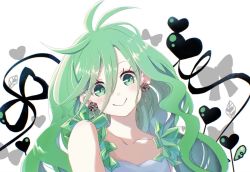 Rule 34 | 1girl, bad anatomy, black ribbon, bow, collarbone, earrings, eyelashes, green eyes, green hair, hair between eyes, heart, jewelry, long hair, mappy (wfdj k), otogami mimin, pppppp, ribbon, simple background, smile, solo, upper body, white background