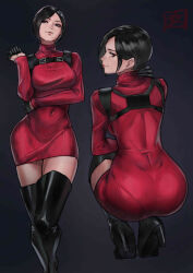 Rule 34 | 1girl, absurdres, ada wong, ass, black eyes, black footwear, black gloves, black hair, boots, breasts, covered navel, dress, gloves, half gloves, high heel boots, high heels, highres, juaag acgy, large breasts, pantylines, red sweater, resident evil, resident evil 4, resident evil 4 (remake), ribbed sweater, short hair, squatting, standing, sweater, sweater dress, swept bangs, thigh boots, turtleneck, turtleneck sweater