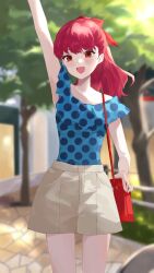 Rule 34 | 1girl, bag, blue shirt, cargo shorts, collarbone, cowboy shot, flat chest, hand up, highres, konchi (63438789), long hair, open mouth, persona, persona 5, persona 5 the royal, polka dot, polka dot shirt, ponytail, red eyes, red hair, shirt, shorts, shoulder bag, smile, teeth, yoshizawa kasumi