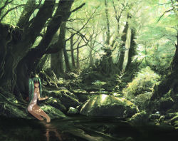 Rule 34 | bad id, bad pixiv id, green eyes, green hair, hatsune miku, katase waka, long hair, nature, outdoors, scenery, solo, tree, twintails, vocaloid, water