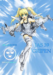 Rule 34 | 1girl, aircraft, airplane, bad id, bad pixiv id, blonde hair, funeral (artist), green eyes, jet, mecha musume, military, original, saab gripen, solo, sumisi, thighhighs, twintails, zettai ryouiki