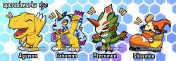 Rule 34 | agumon, animated, claws, closed eyes, digimon, digimon (creature), gabumon, green eyes, happy, horns, pteromon, red eyes, reptile, shoemon, shoes, tail, video, wings