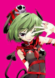 Rule 34 | 1girl, ;d, arms behind back, green hair, hair ornament, highres, horns, looking at viewer, naitou ryuu, one eye closed, open mouth, original, red eyes, short hair, simple background, skull hair ornament, smile, solo, tail