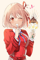 Rule 34 | 1girl, belt, blonde hair, blue ribbon, blush, breasts, character name, closed mouth, commentary, cup, dress, eating, eyelashes, food, hair between eyes, hair ribbon, hands up, happy, heart, highres, holding, holding cup, holding spoon, large breasts, long sleeves, looking at viewer, lycoris recoil, lycoris uniform, medium hair, nishikigi chisato, one eye closed, one side up, parfait, pocky, red belt, red dress, red eyes, red ribbon, ribbon, ririka (ab-yuri), simple background, smile, solo, spoon, straight-on, upper body, utensil in mouth, yellow background