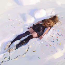 Rule 34 | 1girl, black shirt, black skirt, black thighhighs, blonde hair, commentary, confetti, dmitro danilov, english commentary, face down, full body, garland (decoration), highres, long hair, lying, messy hair, on stomach, original, outdoors, photo-referenced, shirt, short sleeves, skirt, snickers (brand), snow, solo, thighhighs, unconscious, winter, zettai ryouiki