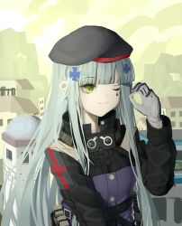 Rule 34 | 1girl, absurdres, beret, black hat, black jacket, blue hair, blunt bangs, chinese commentary, closed mouth, commentary request, cross hair ornament, girls&#039; frontline, gloves, green eyes, grey gloves, hair ornament, hat, highres, hk416 (girls&#039; frontline), jacket, long hair, long sleeves, maidcode1023, one eye closed, shell casing, sidelocks, solo, teardrop facial mark, uniform, upper body