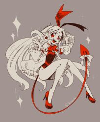 Rule 34 | 1girl, absurdres, bow, demon girl, demon tail, detached sleeves, disgaea, earrings, fallen angel, flonne, flonne (fallen angel), full body, heart, heart earrings, high heels, highres, jewelry, legs, leotard, long hair, open mouth, pointy ears, red eyes, red footwear, red leotard, ribbon, shuga leshu, simple background, smile, solo, tail, tail bow, tail ornament, teeth, upper teeth only