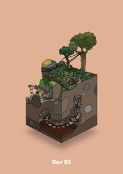 Rule 34 | axe, campfire, commentary request, diorama, gozz, hanging, highres, isometric, lever, log, olmec head, orange background, original, rope, stairs, tree, underground