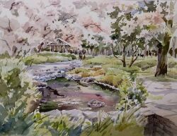 Rule 34 | akemisuisai, building, day, forest, grass, nature, no humans, original, painting (medium), park, pond, shelter, sunlight, traditional media, tree, water, watercolor (medium)