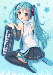 Rule 34 | 1girl, black footwear, blue eyes, blue hair, boots, full body, hair ornament, hatsune miku, highres, instrument, keyboard, keyboard (instrument), kneeling, long hair, matching hair/eyes, microphone, open mouth, piano, pleated skirt, shirt, skirt, solo, thigh boots, thighhighs, twintails, umitonakai, vocaloid, white shirt