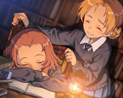 Rule 34 | 10s, 2girls, bad id, bad pixiv id, black bow, black necktie, black sweater, blanket, blonde hair, blue skirt, blush, book, book stack, bookshelf, bow, braid, closed eyes, collared shirt, covering with blanket, dutch angle, emblem, fire, forehead, girls und panzer, hair bow, head rest, indoors, lamp, library, light, long sleeves, multiple girls, necktie, open book, orange pekoe (girls und panzer), pairan, pink hair, pleated skirt, rosehip (girls und panzer), school uniform, shirt, short hair, skirt, sleeping, st. gloriana&#039;s (emblem), st. gloriana&#039;s school uniform, sweater, table, thick eyebrows, upper body, wing collar