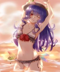 Rule 34 | 1girl, ;), absurdres, alternate costume, arm behind head, armpits, arms up, backlighting, bare arms, bikini, black hat, black ribbon, blue hair, blush, bow, closed mouth, collarbone, commentary, commentary request, cowboy shot, eyebrows, female focus, flat chest, food, frilled bikini, frilled swimsuit, frills, front-tie bikini top, front-tie top, fruit, furrowed brow, groin, gumi (fwjn7284), hat, highres, hinanawi tenshi, leaf, leaning to the side, long hair, looking at viewer, navel, one eye closed, partially submerged, peach, presenting armpit, rainbow gradient, red bow, red eyes, ribbon, side-tie bikini bottom, sidelocks, smile, solo, stomach, stretching, sunset, swimsuit, touhou, wading, white bikini