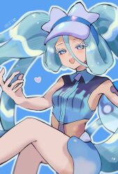 Rule 34 | 1girl, :d, absurdres, artist name, asatte 3z, ball, beachball, blue background, blue hair, breasts, colored eyelashes, creatures (company), dive ball, game freak, hair between eyes, hatsune miku, heart, highres, light blue hair, long hair, looking at viewer, medium breasts, nintendo, open mouth, poke ball, pokemon, project voltage, smile, solo, tan, tanline, teeth, twintails, upper teeth only, very long hair, visor cap, vocaloid, water miku (project voltage)