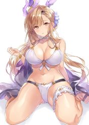 Rule 34 | 1girl, arm support, bikini, blush, breasts, brown eyes, brown hair, cleavage, collarbone, commentary request, granblue fantasy, hair ornament, hairband, halterneck, head wings, large breasts, long hair, looking at viewer, navel, parted lips, shiny skin, sitting, solo, stomach, swimsuit, thigh strap, thighs, tweyen (eternal&#039;s summer vacation) (granblue fantasy), tweyen (granblue fantasy), wariza, white bikini, wings, yuzuki karu