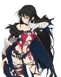 Rule 34 | 1girl, absurdres, bandaged arm, bandages, black hair, black neckwear, breasts, cleavage, collar, highres, large breasts, long hair, navel, official art, simple background, solo, tales of (series), tales of berseria, thigh strap, thighs, torn clothes, underboob, velvet crowe, white background, yellow eyes