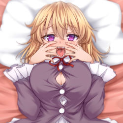 Rule 34 | 1girl, bed sheet, blonde hair, blouse, breasts, cleavage, dress shirt, hair between eyes, heart, heart-shaped pupils, large breasts, long hair, long sleeves, looking at viewer, lying, maribel hearn, on back, open mouth, pillow, purple eyes, purple shirt, red ribbon, ribbon, saliva, shirt, solo, straining buttons, symbol-shaped pupils, tongue, tori (minamopa), touhou, upper body, uvula, white shirt, wide sleeves