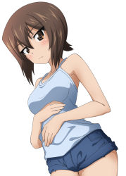 Rule 34 | 1girl, bad id, bad twitter id, blue shirt, brown eyes, brown hair, camisole, casual, closed mouth, denim, denim shorts, dutch angle, frown, girls und panzer, hands on own stomach, highres, kanau, looking at viewer, micro shorts, nishizumi maho, shirt, short hair, shorts, simple background, solo, standing, white background