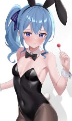Rule 34 | 1girl, animal ears, black bow, black bowtie, black hairband, black leotard, black pantyhose, blue bow, blue eyes, blue hair, blush, bow, bowtie, breasts, candy, cleavage, closed mouth, collarbone, covered navel, detached collar, fake animal ears, fake tail, fawny, food, frown, hair between eyes, hair bow, hairband, highres, holding, holding candy, holding food, holding lollipop, hololive, hoshimachi suisei, leotard, lollipop, long hair, pantyhose, rabbit ears, rabbit tail, side ponytail, simple background, small breasts, solo, standing, strapless, strapless leotard, striped, striped bow, tail, virtual youtuber, white background, wing collar, wrist cuffs