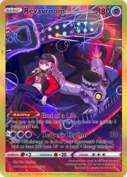 Rule 34 | 1girl, black jacket, black pants, blunt bangs, braid, creatures (company), crop top, crossover, dekotora, english text, game freak, highres, holding, holding microphone, hololive, hololive english, jacket, long hair, looking at viewer, microphone, midriff, mori calliope, mori calliope (streetwear), multicolored clothes, multicolored jacket, nintendo, official alternate hairstyle, pants, pink hair, pokemon, pokemon (creature), pokemon sv, pokemon tcg, ponytail, red eyes, red jacket, revavroom, shirt, taiyo sketches, trading card, two-tone jacket, virtual youtuber, white shirt