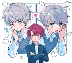 Rule 34 | 2boys, bishounen, black jacket, blue sweater vest, blush, collared shirt, commentary, crossed arms, gakuran, green eyes, grey hair, half-closed eyes, hand on own chin, hand up, heart, highres, jacket, layered clothes, long sleeves, male focus, multiple boys, multiple views, open clothes, open hand, open jacket, original, outside border, parted bangs, raised eyebrow, red hair, school uniform, shirt, short hair, simple background, spoken heart, sweatdrop, sweater vest, usudumino, whispering, white background, white shirt, wing collar, yaoi, yellow eyes