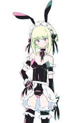 Rule 34 | 1boy, apron, bad id, bad twitter id, black gloves, blonde hair, blush, earrings, gloves, green hair, jewelry, lio fotia, looking at viewer, maid, maid apron, maid headdress, male focus, otakebi, promare, purple eyes, solo, trap, underwear, white background