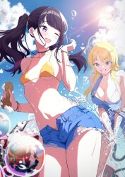 Rule 34 | 2girls, ;d, absurdres, ahoge, bikini, bikini under shorts, blue overalls, blue sky, blush, breasts, car, cleavage, cloud, cutoffs, denim, denim shorts, hachimiya meguru, highres, holding, holding hose, hose, idolmaster, idolmaster shiny colors, kazano hiori, large breasts, looking at another, motor vehicle, multiple girls, navel, one eye closed, open mouth, orange bikini, outdoors, overalls, short shorts, shorts, sky, small breasts, smile, soap bubbles, stomach, sunlight, swimsuit, td (tandeom97), twintails, white bikini
