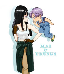 Rule 34 | 1boy, 1girl, age difference, ameneko, black hair, blue eyes, breasts, brown gloves, character name, cleavage, clothes around waist, covered erect nipples, dragon ball, dragonball z, finger on trigger, floating, gloves, gun, hand on own hip, handgun, jacket, jacket around waist, light purple hair, mai (dragon ball), overalls, tank top, trunks (dragon ball), weapon